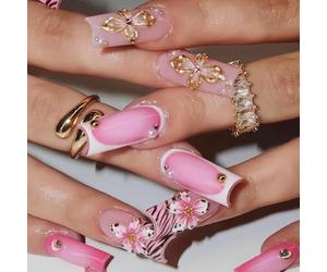 Long Coffin Press-On Nails with 3D Glitter Striped Tips & Floral Designs - 24pcs Pink Leopard Pattern & Polka Dot Acrylic False Nails for Women, DIY Art Stick-On Tips for Party Wedding Daily