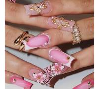 Long Coffin Press-On Nails with Jelly Tool - 24pcs Pink Leopard Flowers 3D Glitter Striped Tips, Acrylic False Set for Women, DIY Nail Art Stick-Ons