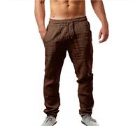 Long Cotton Hemp Trousers for Men Relaxed Fit Casual Beach Trousers Lightweight Jogger Outdoor Pants Flat-Front Smart Trousers Straight Trousers Breathable Walking Sweatpants Size S-3Xl Coffee