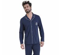 Long Cotton Pyjamas with Shirt Collar Blue + Navy Blue