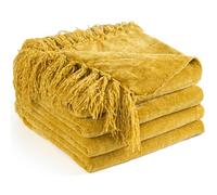 LONG CREATE Chenille Throw Blanket for Couch 50"X 60", Soft Cozy Throws with Fringe Tassel for Bed Sofa Chair Cover, Lightweight Knitted Decorative Boho Blankets for Living Room, Yellow