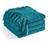 LONG CREATE Chenille Throw Blanket for Couch 50"X 60", Soft Cozy Throws with Fringe Tassel for Bed Sofa Chair, Lightweight Knitted Decorative Farmhouse Boho Blankets for Gift, Teal