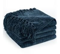 LONG CREATE Chenille Throw Blanket for Couch 60"X 80" Twin, Soft Cozy Throws with Fringe Tassel for Bed Sofa Chair Cover, Lightweight Knitted Decorative Boho Blankets for Living Room, Navy Blue