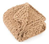 LONG CREATE Chunky Knit Throw Blanket 50"X 60", 100% Handmade with Soft Chenille Yarn, 4.4lbs Thick Cable Knitted Blankets, Large Rope Knot Crochet Throws for Couch Sofa Bed Home Decor, Tan Brown