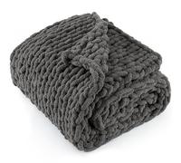 LONG CREATE Chunky Knit Throw Blanket 50"X 60", 100% Handmade with Soft Chenille Yarn, 4.4lbs Thick Cable Knitted Blankets, Large Rope Knot Crochet Throws for Couch Sofa Bed Home Decor, Dark Grey