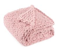 LONG CREATE Chunky Knit Throw Blanket 50"X 60", 100% Handmade with Soft Chenille Yarn, 4.4lbs Thick Cable Knitted Blankets, Large Rope Knot Crochet Throws for Couch Sofa Bed Home Decor, Dusty Pink