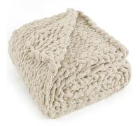 LONG CREATE Chunky Knit Throw Blanket 50"X 60", 100% Handmade with Soft Chenille Yarn, 4.4lbs Thick Cable Knitted Blankets, Large Rope Knot Crochet Throws for Couch Sofa Bed Home Decor, Beige