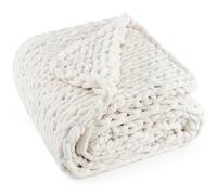LONG CREATE Chunky Knit Throw Blanket 50"X 60", 100% Handmade with Soft Chenille Yarn, 4.4lbs Thick Cable Knitted Blankets, Large Rope Knot Crochet Throws for Couch Sofa Bed Home Decor, Cream White