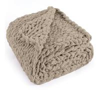 LONG CREATE Chunky Knit Throw Blanket 60"X 80", 100% Handmade with Soft Chenille Yarn, 6.7lbs Thick Cable Knitted Blankets, Large Rope Knot Crochet Throws for Couch Sofa Bed Home Decor, Taupe