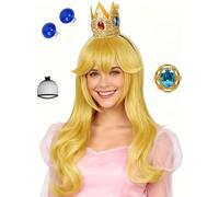 Long Curly Blonde Princess Wig with Bangs + Crown Headband + Ear Clips + Brooch + Hair Net 25.6'' Golden Wave Synthetic Hair for Women Halloween Costumes Party