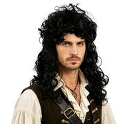 Long Curly Pirate Wig Captain Cosplay Hair Costume Headpiece 70s/80s Rock Star Punk Natural Look Synthetic Wig Fancy Dress Party Props Masquerade Accessories (Black)