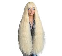 Long Curly Wig With Bangs For Women, 40 Inch Wavy Synthetic Bounce Fluffy Natural Style Wigs For Daily Use(Blonde)