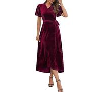 Long Cute Dresses for Women Women's Short Sleeved Solid Color Slit Golden Velvet Mid Length Dress Casual Dresses for Teens (Red, S)