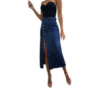 Long Denim Skirt for Women UK Plus Size A-Line High Waist Button Side Split Jeans Skirts Casual Y2k Streetwear Stretch Comfortable Bodycon Denim Skirt