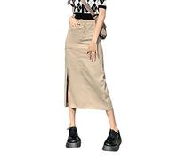 Long Denim Skirts for Women Maxi Paperbag High Waist Frayed Raw Hem A line Flare Jean Skirt with Pockets, L2# Khaki, Medium