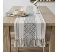 Long Dining Table Runner with Tassels 14 x 90 Inches, Gray & Off White / Woven Washable Console Table Cover / Boho Dresser Scarf Grey / Farmhouse Bohemian Table Top Decorations with Fringe