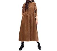 Long Dresses for Women UK Long-Sleeved Retro Literary Loose Medium-Length Corduroy Jacket Windbreaker Dress Solid Colour Button Down Baggy Dress High Neck Casual Dresses Size M-XXL Brown