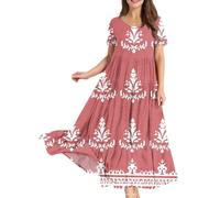 Long Dresses for Women UK, Womens Dresses Casual Plus Size Bohemian Short Sleeve Floral Long Maxi Summer Beach Holiday Swing Dress Sister Birthday Gifts,Pink,XXL,u445k