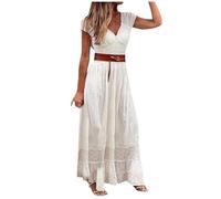 Long Dresses Women's Summer Dress Elegant Light and Airy V-Neck Lace Patchwork Plain Maxi Dresses with Belt Casual Ball Dress Beach Tunic Dress Loose Casual Dresses Party Dress