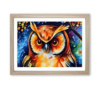 Long Eared Owl Painting Abstract Framed Wall Art Print A2 Oak