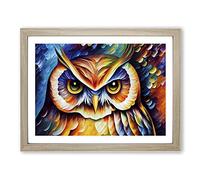 Long Eared Owl Painting Abstract Framed Wall Art Print A2 Oak