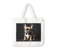 Long Ears French Bulldog Printing Fluffy Shoulder Bag Ladies Plush Underarm Bag Tote Bag Furry Purse Handbag For Work Travel, White, One Size
