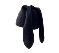 Long Ears Funny Hat for Women Cute Bunny Beanie Winter Warm Knit Rabbit Skull Cap Ear Windproof Knitted Flat Bobble Hat for Cold Weather Ski One Size (Black, One Size)