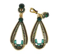 Long Emerald Green Crystal Loop Clip On Earrings In Antique Gold Tone/Vintage Inspired - 60mm L