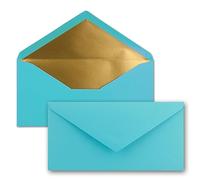 Long Envelopes size DIN Long, gummed, wet seal, Gold / Silver metallic lining 50 Umschläge Turquoise Gold