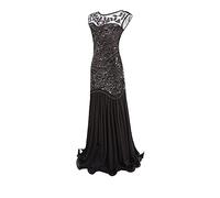 Long Evening Dresses for Women UK: 1920s Crew Neck Sequin Beaded Fringed Dress Cap Sleeve Vintage Swing Party Dress Formal A Line Wedding Guest Dress Floor Length Evening Ball Gown Black