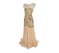Long Evening Dresses for Women UK: 1920s Crew Neck Sequin Beaded Fringed Dress Cap Sleeve Vintage Swing Party Dress Formal A Line Wedding Guest Dress Floor Length Evening Ball Gown Khaki