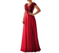 Long Evening Dresses for Women UK Elegant | V Neck Sequin Sparkly Dress Chiffon Long Wedding Guest Dress Cap Sleeve High Waist Prom Dress Cocktail Party Dress Ball Gowns Dress Red