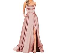 Long Evening Gowns for Women UK Slip Prom Dresses Ladies Elegant Backless Long Dresses Satin Spaghetti Party Bodycon Dress Side Slit Wedding Ball Dress with Pockets Plain Cocktail Dresses