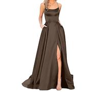 Long Evening Gowns for Women UK Slip Prom Dresses Ladies Elegant Backless Long Dresses Satin Spaghetti Party Bodycon Dress Side Slit Wedding Ball Dress with Pockets Plain Cocktail Dresses