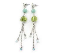 Long Fabric Glass Bead Chain Dangle Earrings in Light Green/Light Blue Colours/Silver Tone/ 11cm L