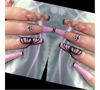 Long Fake Nails Stick on Pink French Coffin False Nail,24 Pcs Ballerina Butterfly Press on Nails with Rhinestones,Fake Nail with Glue Stickers Artificial Glitter False Nails for Women Girls