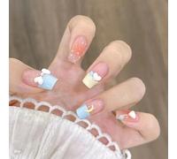 Long False Nails French Tip,24PCS Nude Rose Gradient False Nails,Acrylic Full Cover Fake Nails with Jelly Glue for Women Girls (Yellow,Blue,Bow,Square, One Size)