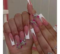 Long False Nails, Pink And White French Tapered Square Tips, 24-Piece Set | Raised Character-Shaped Charms, Bright Beads And Iridescent Details, Assorted Sizes, For Parties And Special Occasions