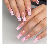 Long False Nails, Pink French Tips, Square Heart And Flowing Line Design | Glossy Finish, Nude-Pink Translucent Bases, Pre-Decorated For At-Home Manicures, Parties And Social Gatherings