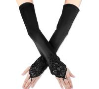Long Fingerless Satin Gloves, Opera Party Gloves for Women, Elbow Length Silk Glove, 1920s Long Glove, Gatsby Style Costume Accessories for Dances, Banquet, Opera, Wedding, Party and Cosplay (Black)