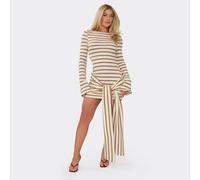 Long Flared Sleeve Boat Neck Wrap Mini Dress In Brown Stripe Texture, Women's Size UK 12