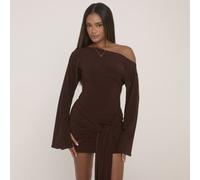 Long Flared Sleeve Drape Detail Mini Bodycon Dress In Chocolate Brown Slinky, Women's Size UK 12