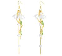 Long Flower Leaf Fairy Dangle Earrings for Women Lily of the Valley Earring Floral Tangled Dangling Earrings Shell Pearl Link Chain Drop Earrings Renaissance Jewelry for Sensitive Ears