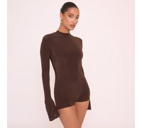 Long Flute Sleeve Double Layered Playsuit In Brown Slinky, Women's Size UK 14