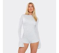 Long Flute Sleeve Playsuit In White Polka Dot Slinky, Women's Size UK 8