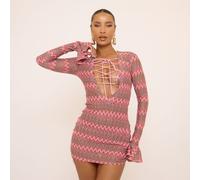 Long Frill Sleeve Lace Up Front Mini Dress In Pink Zig Zag Textured, Women's Size UK 8