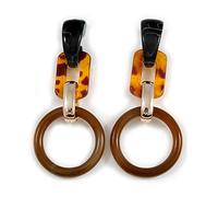 Long Geometric Acrylic Drop Earrings In Brown/Black/Gold with Marble Effect - 9cm Long
