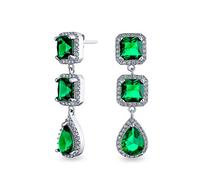 Long Geometric Simulated Emerald Green Teardrop CZ Statement Chandelier Earrings For Women For Prom Silver Plate