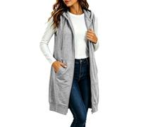 Long Gilets for Women Longline Zip Up Hoodie Drawstring Hooded Sleeveless Waistcoat Full Zip Casual Loose Warm Fall Winter Jackets with Pockets Ladies Long Length Vest Jacket Lightweight Coat