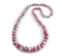 Long Graduated Oval/Round Wooden Bead Colour Fusion Necklace in Pink/Metallic Silver/White Colours - 80cm Long